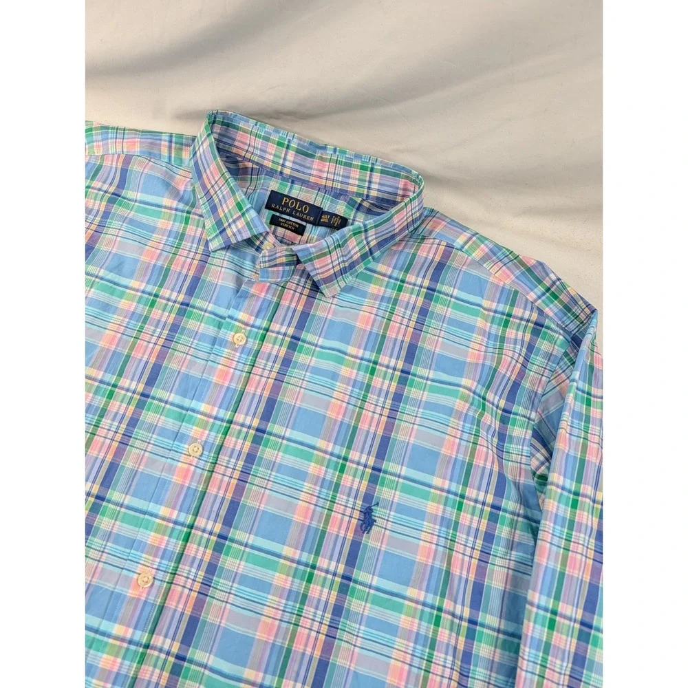 Ralph Lauren Men 4XLT Plaid Button Down Shirt  Blue Pink Check Long Sleeve Pony